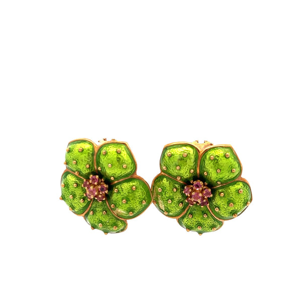 Hidalgo 18K Yellow Gold Green Enamel Flower Clip-On Earrings with Sapphires