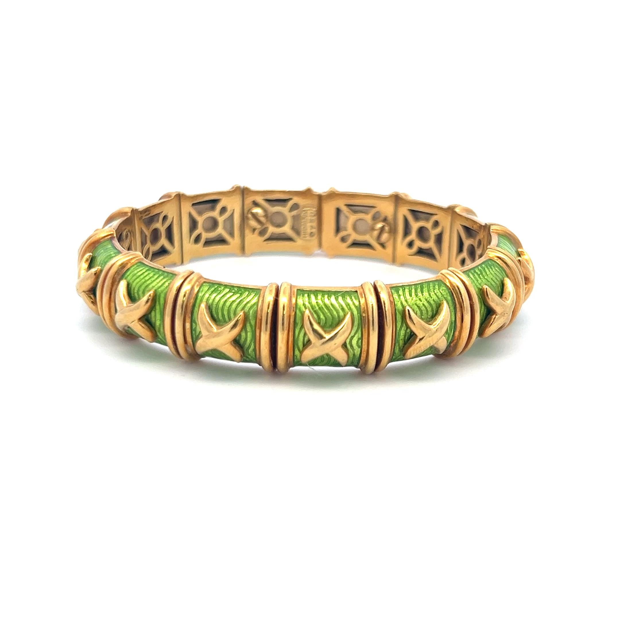 Hidalgo Vintage 85 Grams Green Enamel 18 Karat Yellow Gold Bangle Bracelet