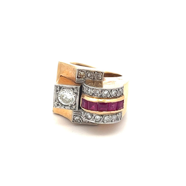 0.90 Carat Round and Old European Diamond 0.50 Carat Ruby 18K Gold Cocktail Ring