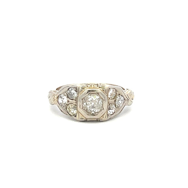 0.78 Carat Old European Cut I-J I1 Diamond 18 Karat White Gold Art Deco Ring