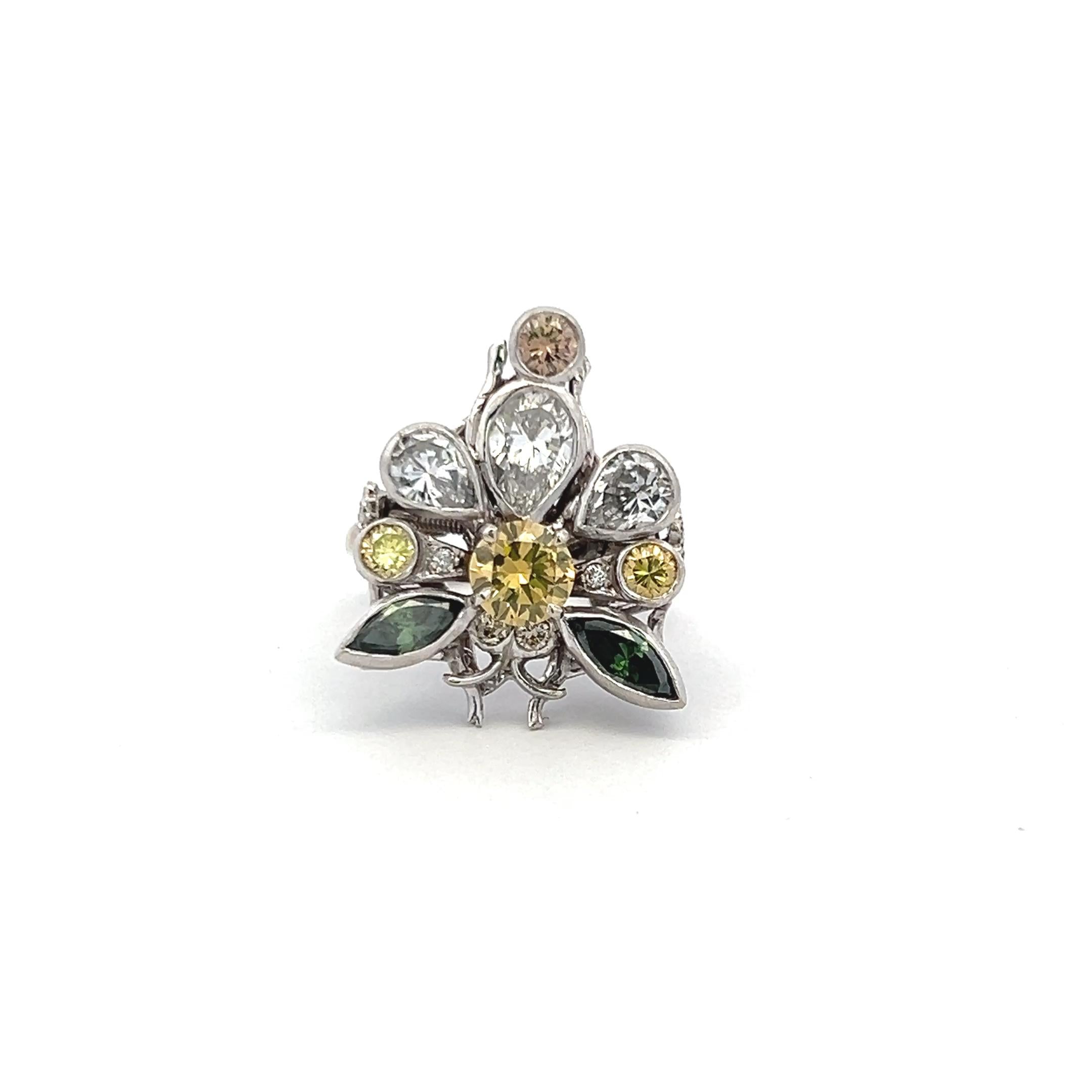 18K WG Cocktail Ring 1.46ct Round & Pear Diamonds and Multi Gemstones Size 4.25