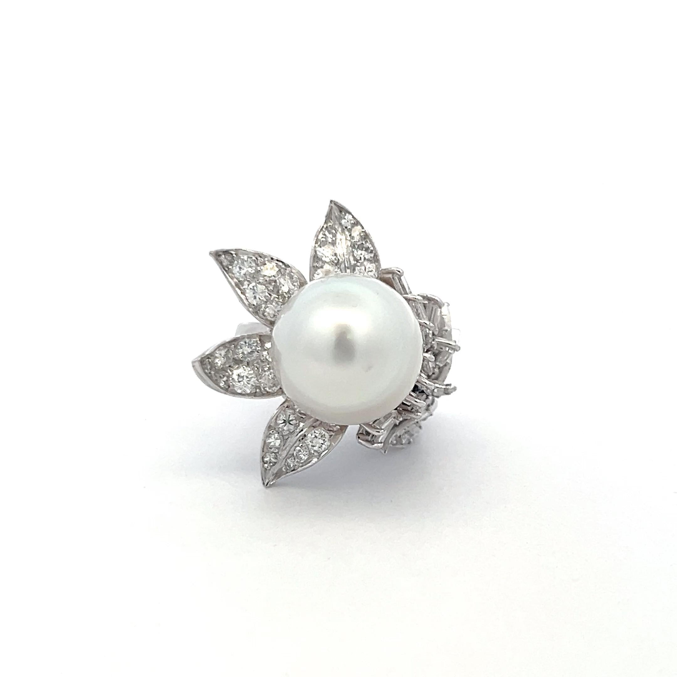 Platinum Cocktail Ring with 1.76 Carat Diamonds & 13.2x15.8 MM Pearl Size 4