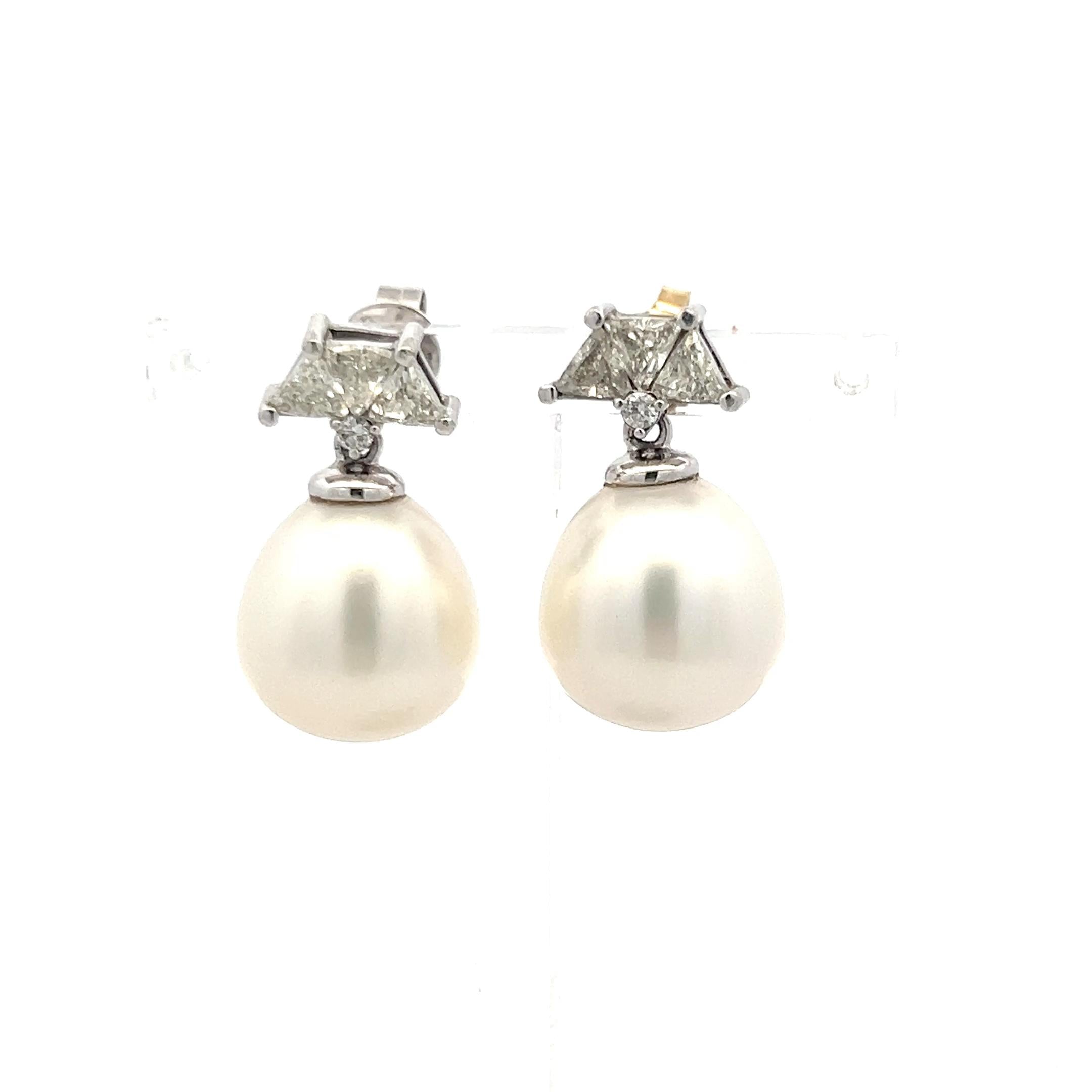 14K White Gold Drop Earrings with 1.56 Carat Diamonds and 13.2-14.6 MM Pearl