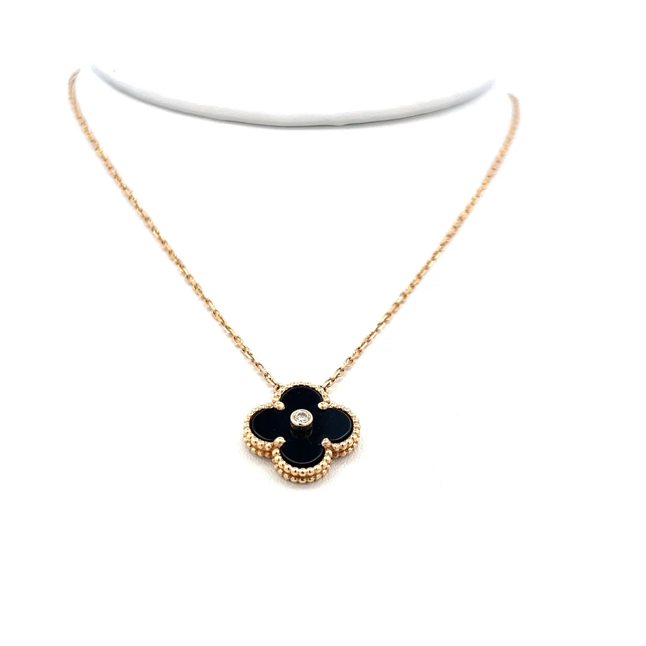 Van Cleef & Arpels Alhambra 0.02 Carat Round Diamond 18K YG Pendant Necklace