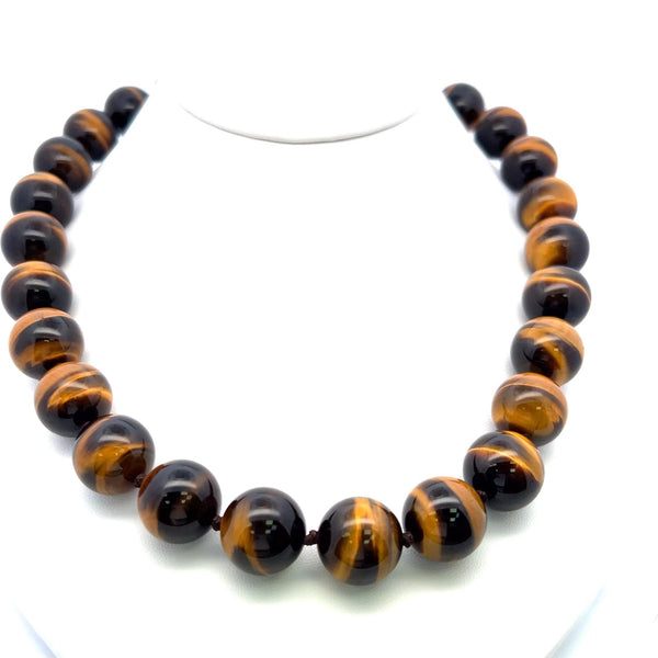 16.4-16.5 MM Tiger Eye Beed 18 Karat Yellow Gold Beed Necklace