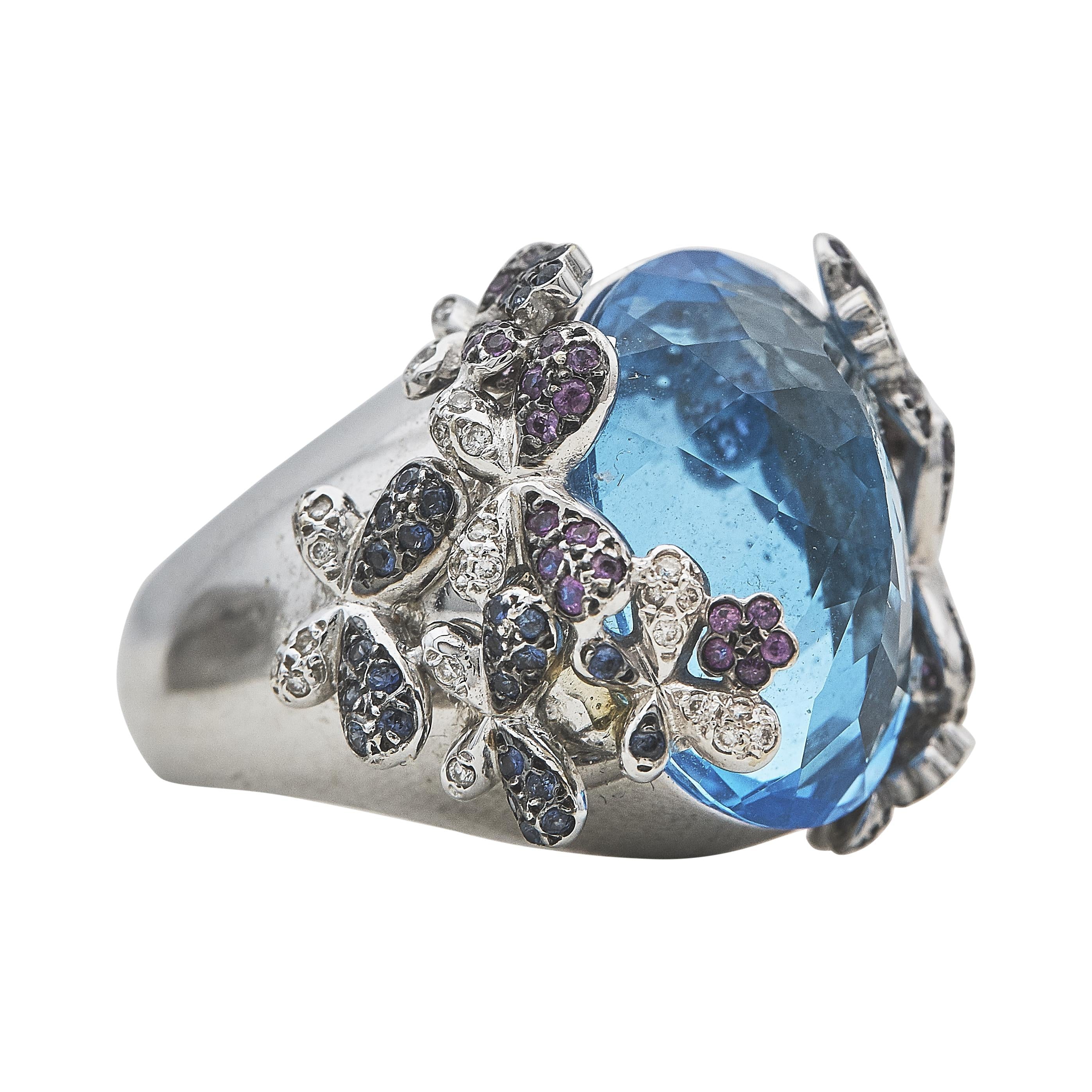 18.9-12.9MM Topaz 0.45 Carat Sapphire 0.10 Carat Diamond 18K WG Cocktail Ring