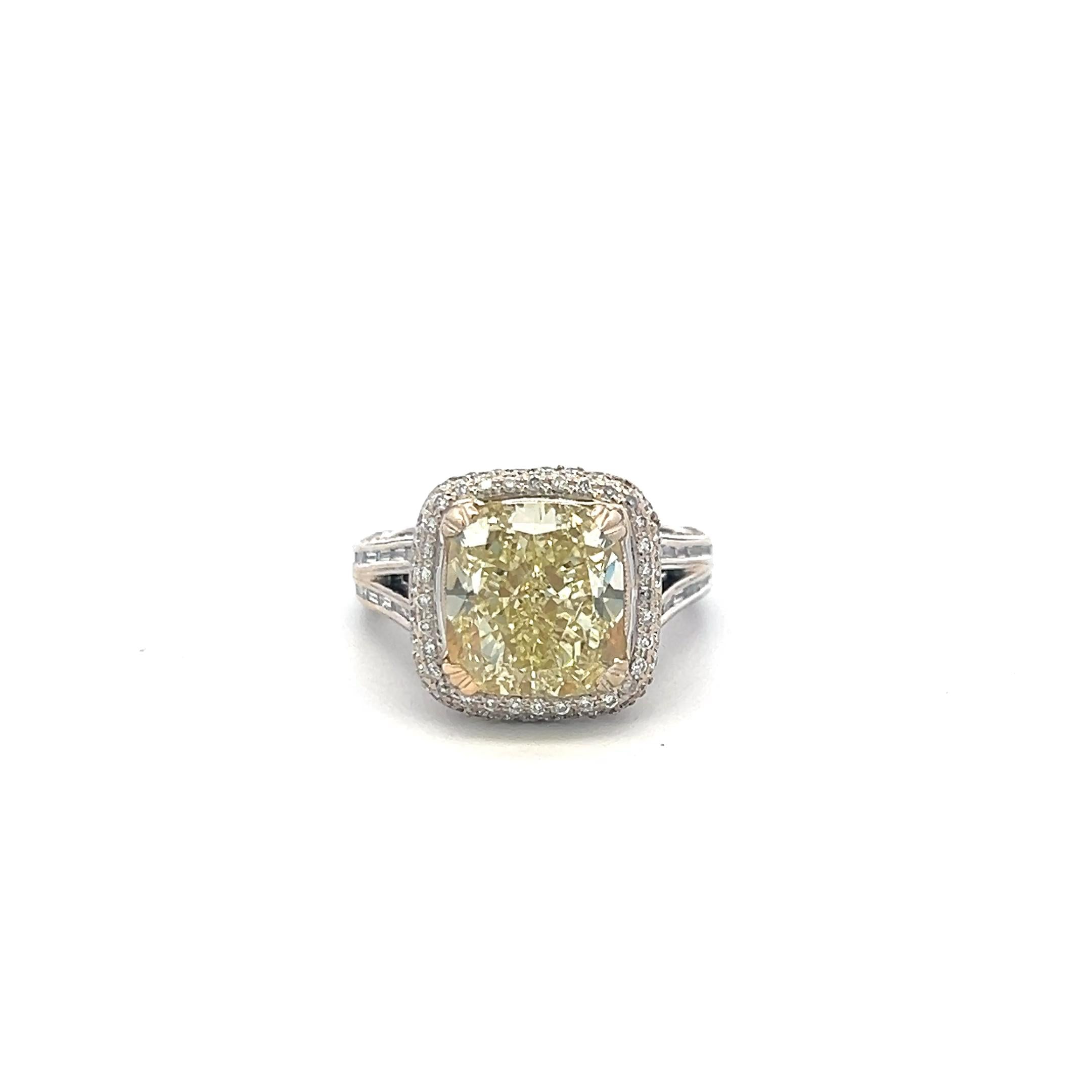 6.08 Carat Cushion Brilliant Fancy Yellow Diamond 18K Gold Engagement Ring