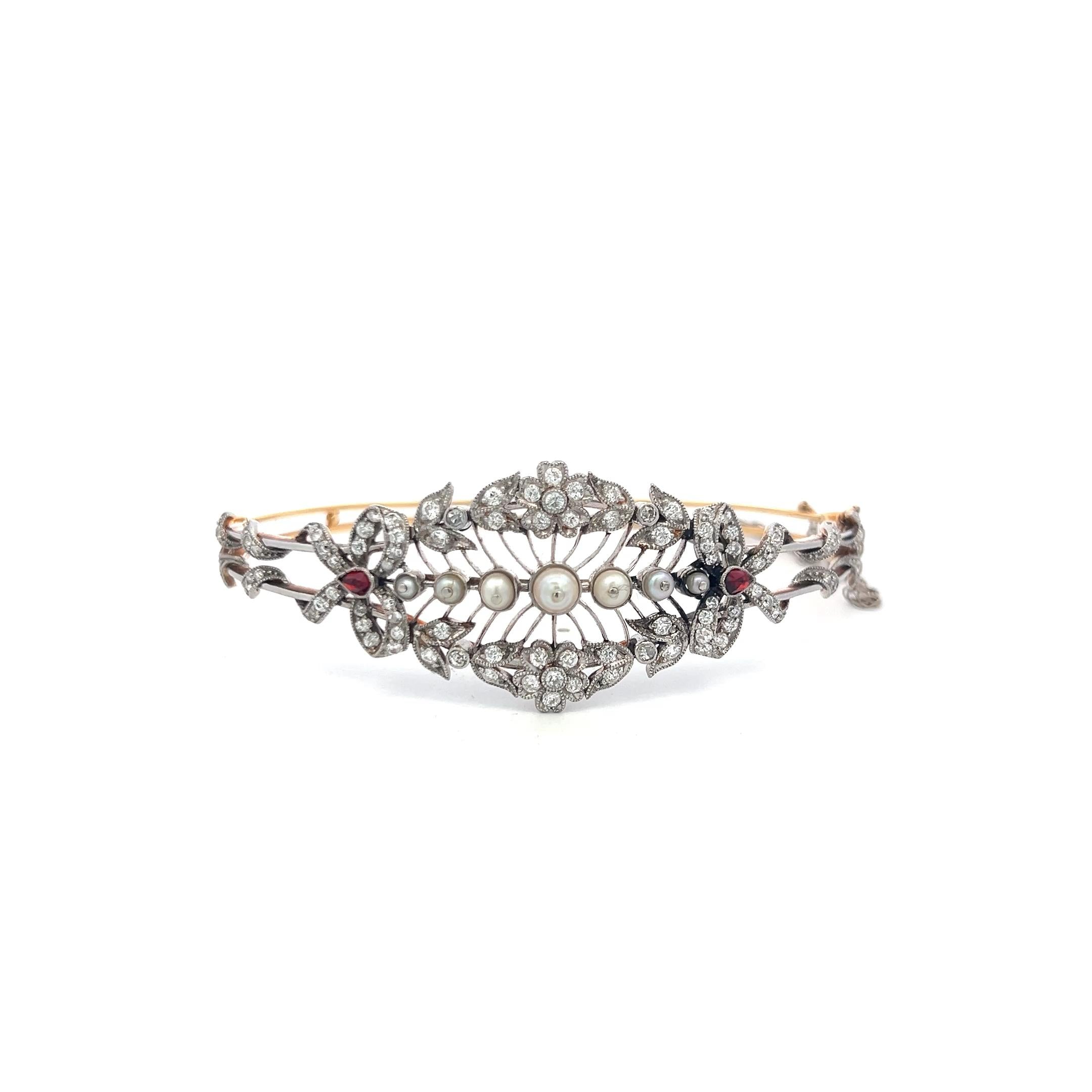 1.00 Carat Diamond 1.7-4.1MM Pearl 0.20 Carat Ruby 14K Gold Bangle Bracelet
