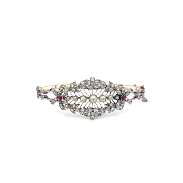 1.00 Carat Diamond 1.7-4.1MM Pearl 0.20 Carat Ruby 14K Gold Bangle Bracelet