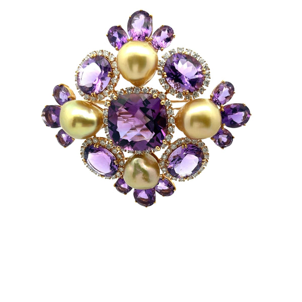62.00 Carat Amethysts 2.00 Carat Diamond 1.00 Carat Pearl 18K YG Pin Brooch