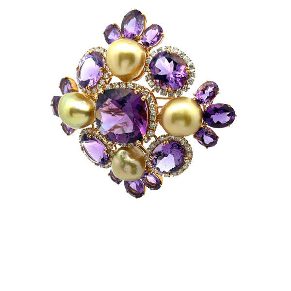 62.00 Carat Amethysts 2.00 Carat Diamond 1.00 Carat Pearl 18K YG Pin Brooch