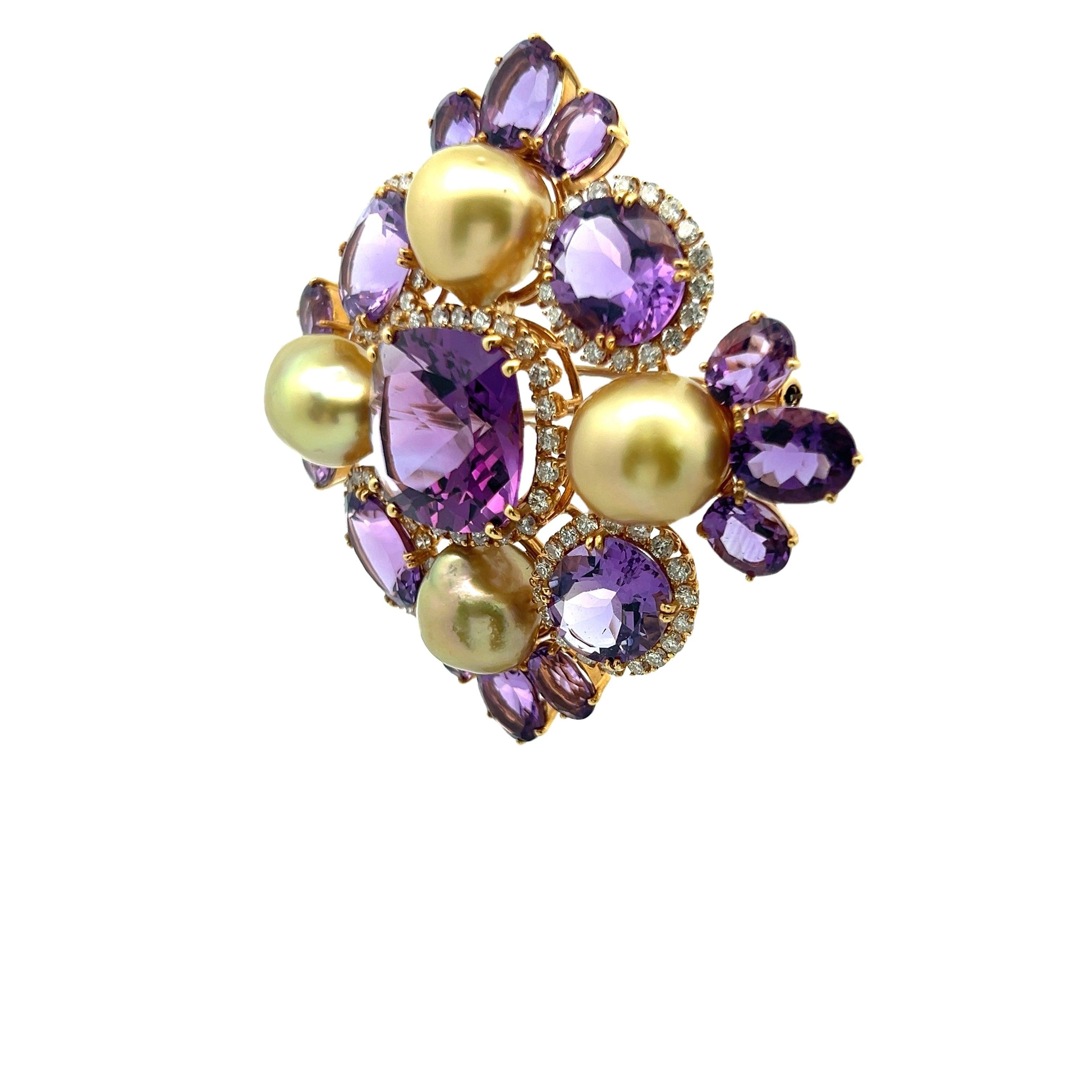 62.00 Carat Amethysts 2.00 Carat Diamond 1.00 Carat Pearl 18K YG Pin Brooch