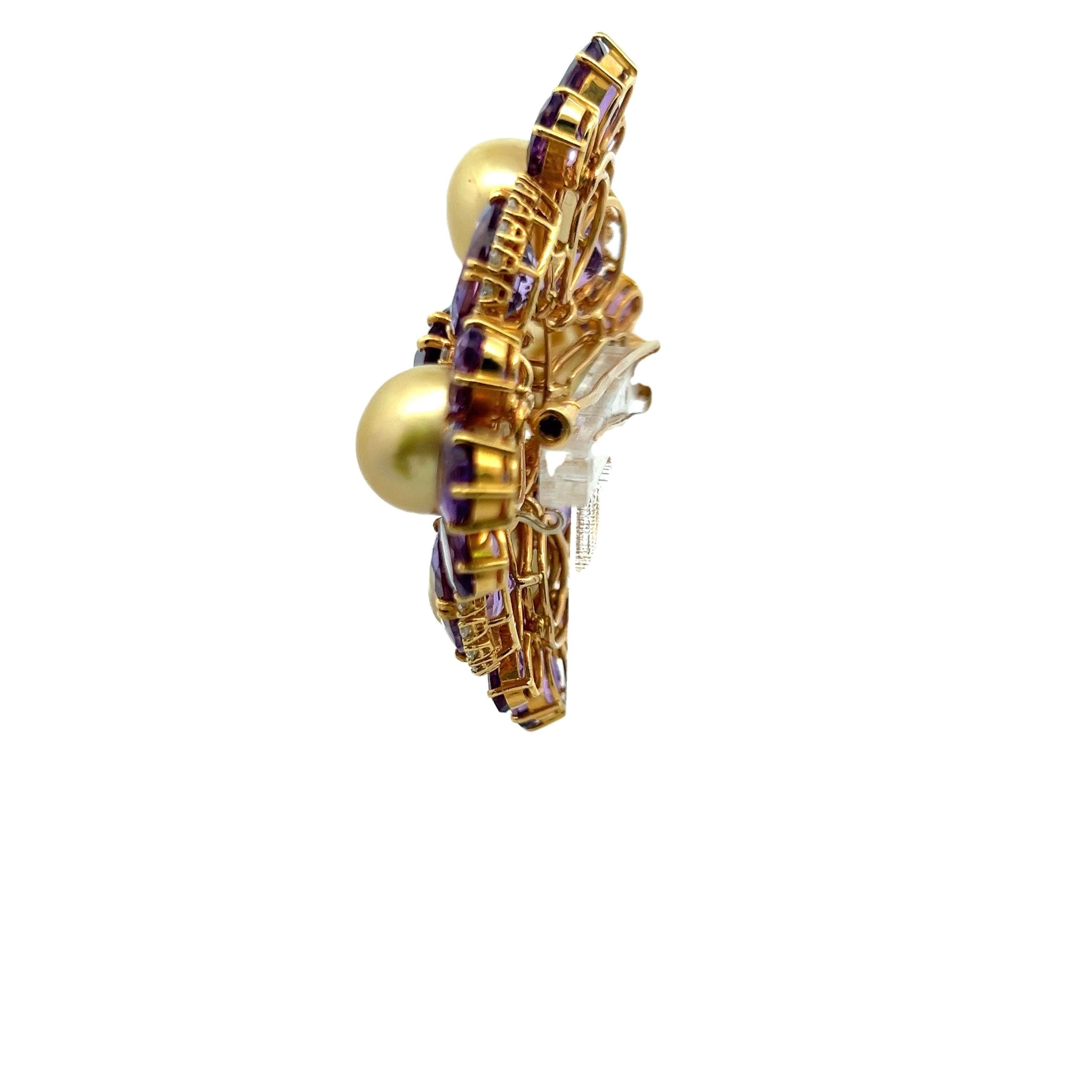 62.00 Carat Amethysts 2.00 Carat Diamond 1.00 Carat Pearl 18K YG Pin Brooch