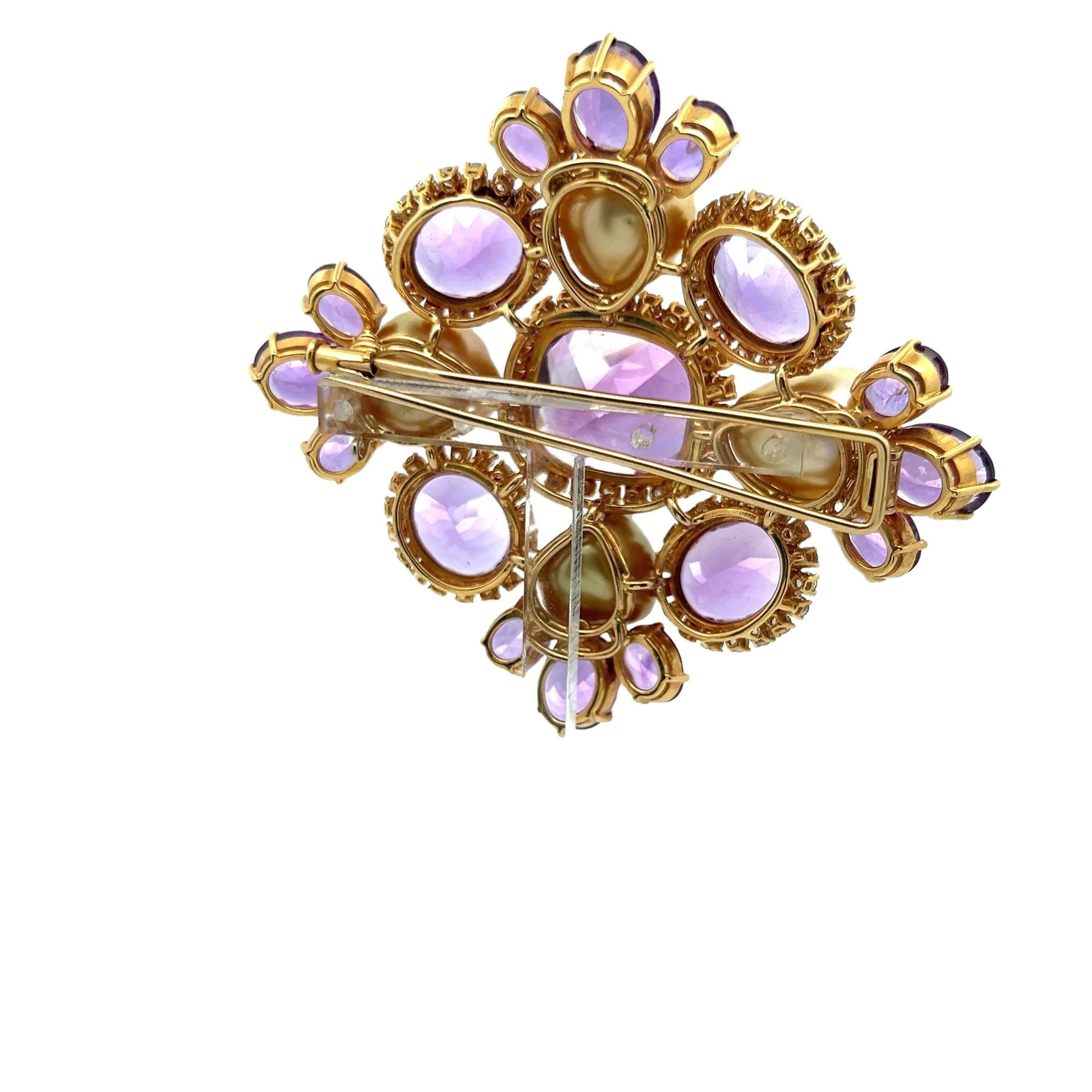 62.00 Carat Amethysts 2.00 Carat Diamond 1.00 Carat Pearl 18K YG Pin Brooch