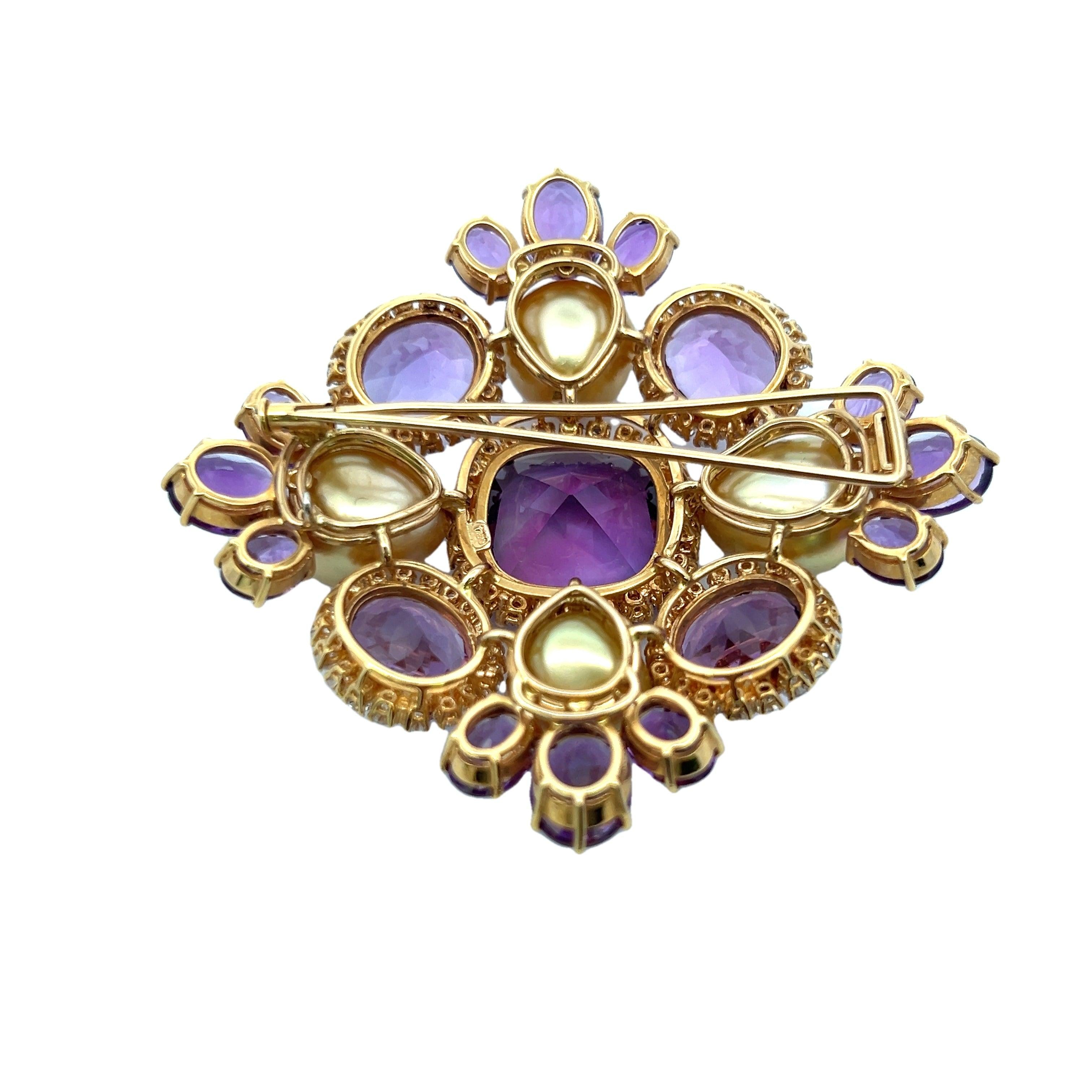 62.00 Carat Amethysts 2.00 Carat Diamond 1.00 Carat Pearl 18K YG Pin Brooch