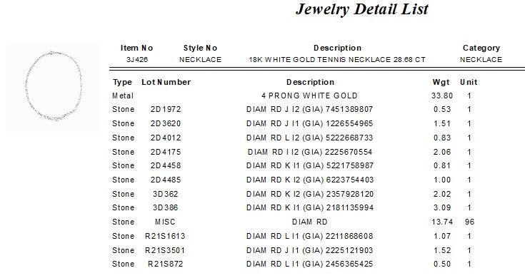 28.68 Carat Round Brilliant Diamond 18 Karat White Gold Riviera Necklace