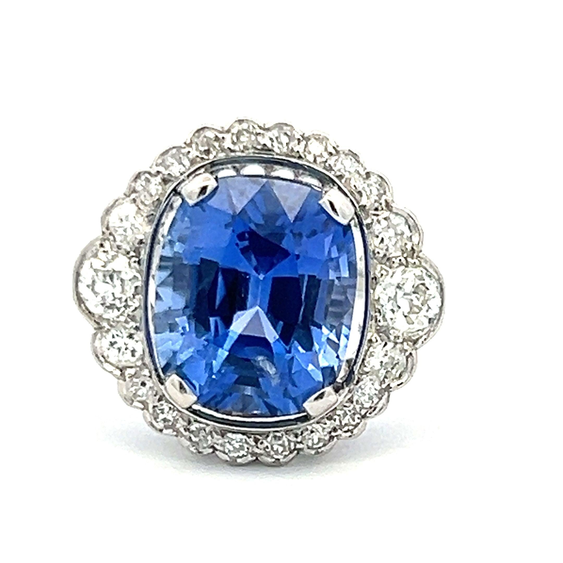6.60 Carat Sapphire 0.74 Carat Old European Diamond 18K WG Engagement Ring
