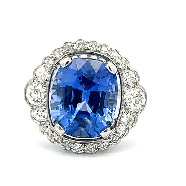 6.60 Carat Sapphire 0.74 Carat Old European Diamond 18K WG Engagement Ring