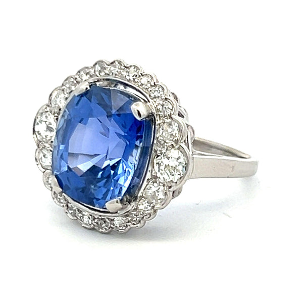 6.60 Carat Sapphire 0.74 Carat Old European Diamond 18K WG Engagement Ring