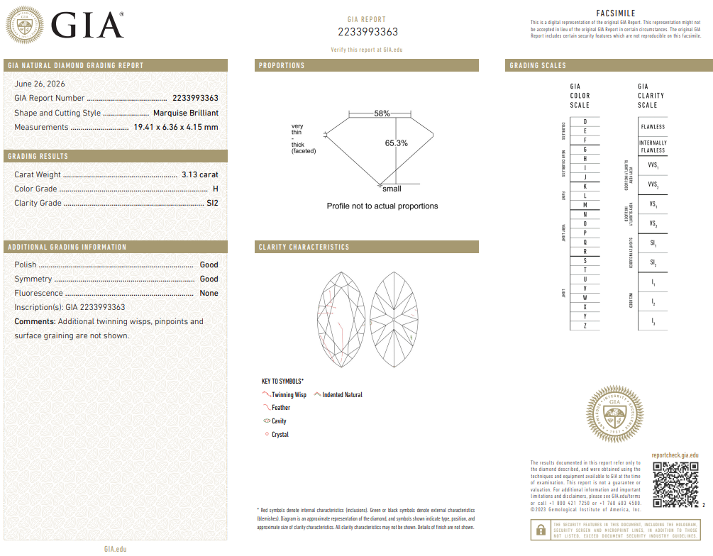 3.13 Carat Marquis Shape Diamond H-SI2 Loose Natural GIA Certified