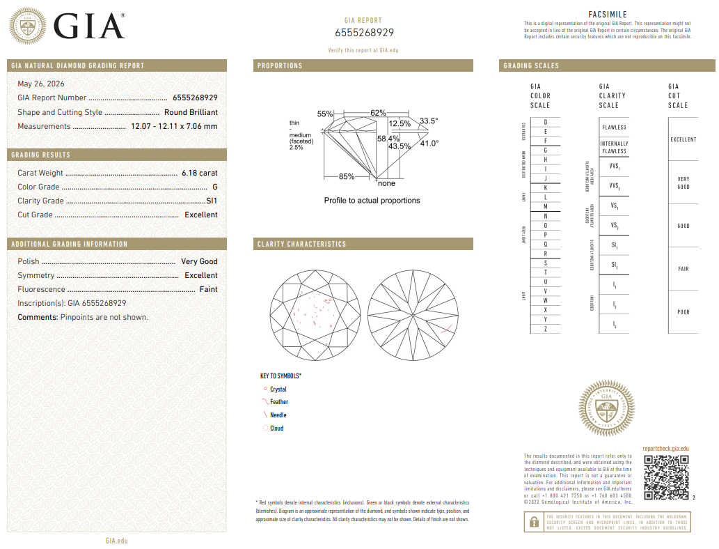 GIA Certified 6.18 Carat Round Brilliant Diamond Natural G-SI1 Loose