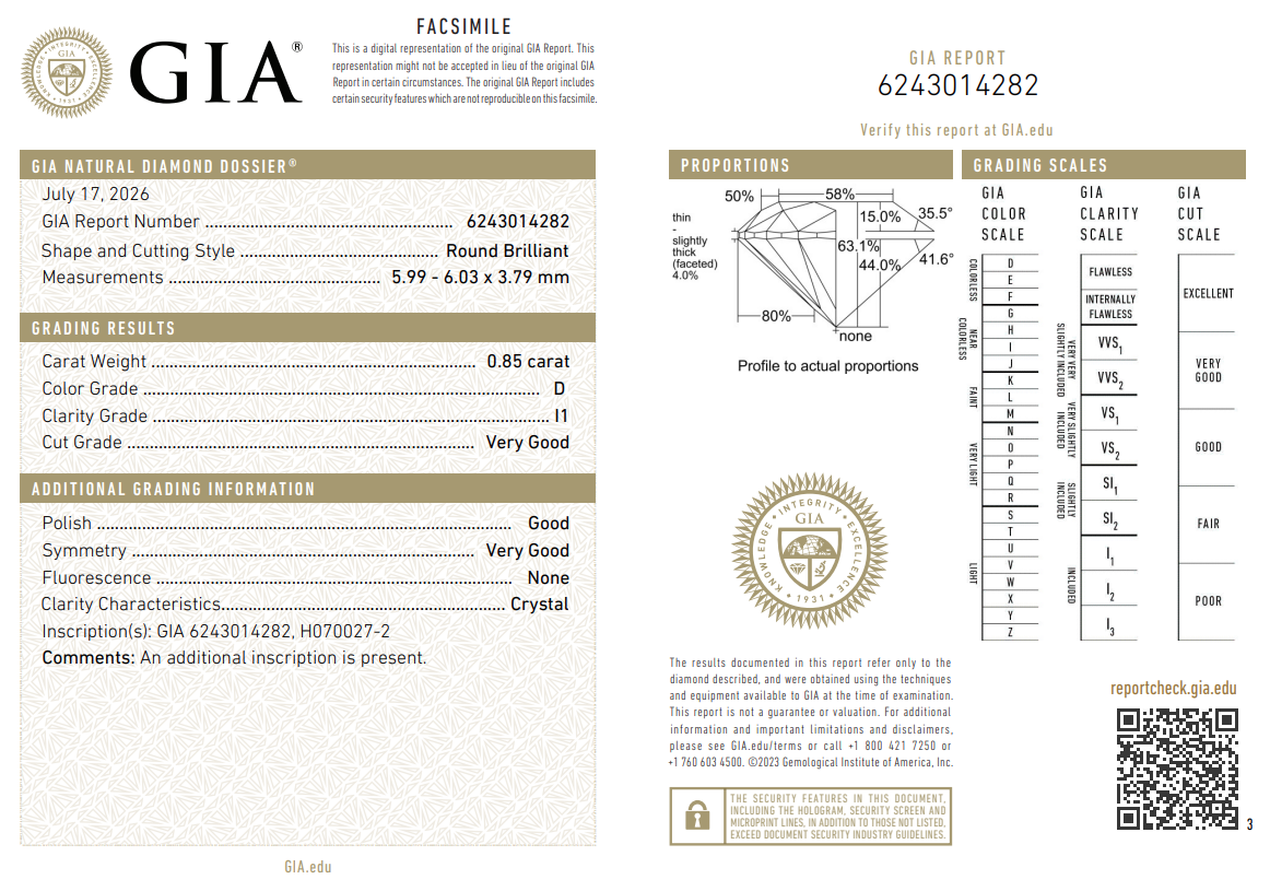 0.85 Carat Round Brilliant Diamond D-I1 Natural GIA Loose