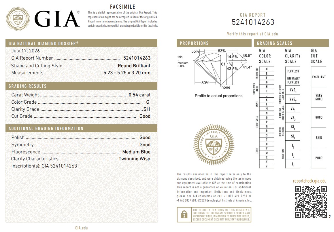 0.54 Carat Round Brilliant Diamond Loose G-SI1 with GIA Certificate