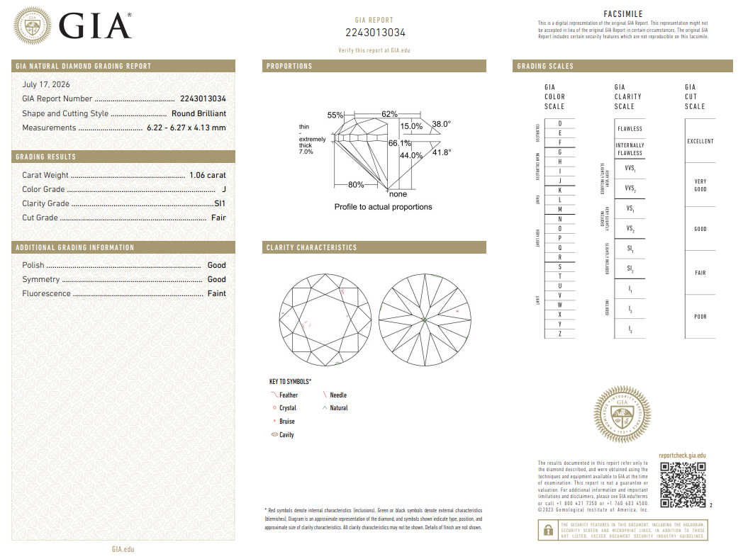 1.06 Carat Round Brilliant Diamond Natural Loose J-SI1 GIA