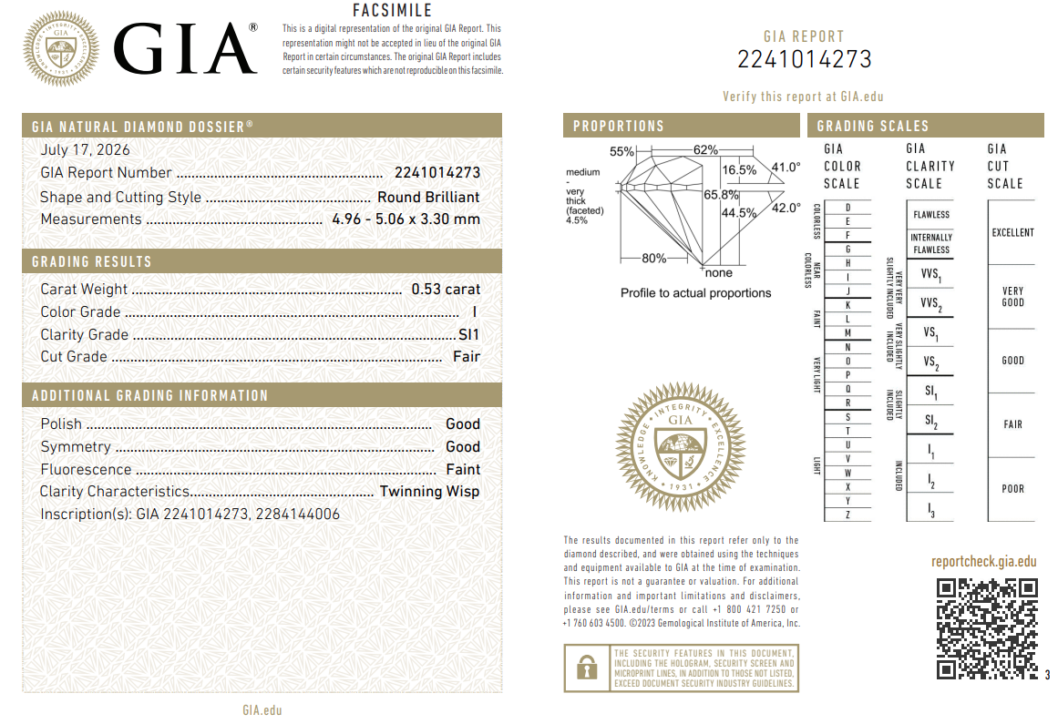 GIA Certified 0.53 Carat Round Brilliant Diamond I-SI1 Loose Natural