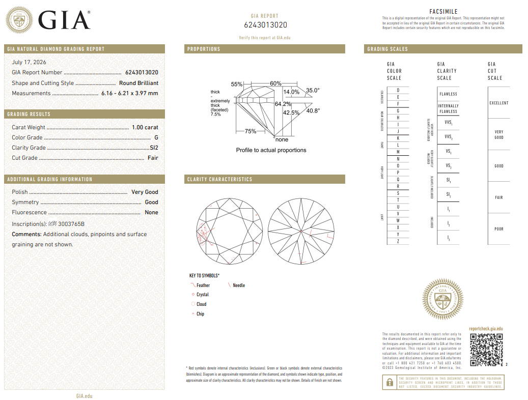 GIA Certified 1 Ct Round Brilliant Diamond Natural G-SI2 Loose