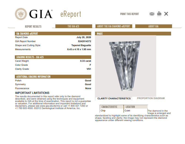 GIA Certified 0.33 Ct Tapered Baguette Shape Diamond Natural F-VS1 Loose