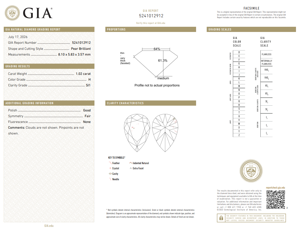 1.02 Ct Pear Shape Diamond H-SI1 Rare Bridal GIA Certified