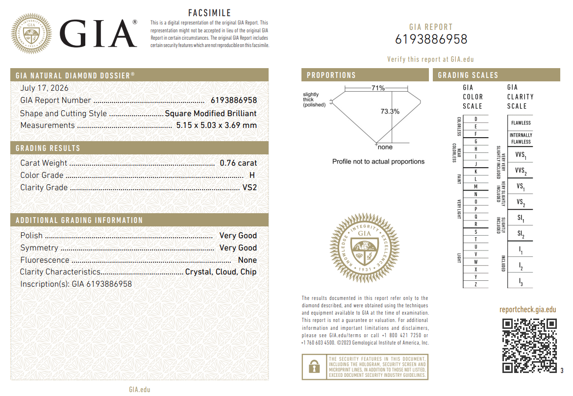 Loose Natural 0.76 Carat Princess Cut Diamond GIA Certified H-VS2