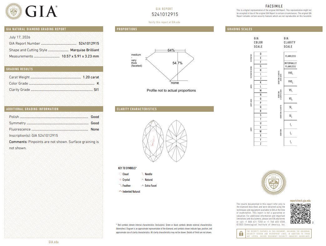 1.2 Ct Marquis Shape Diamond Natural K-SI1 with GIA Certificate