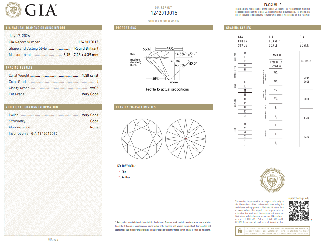 Natural 1.3 Ct Round Brilliant Diamond J-VVS2 with GIA Certificate
