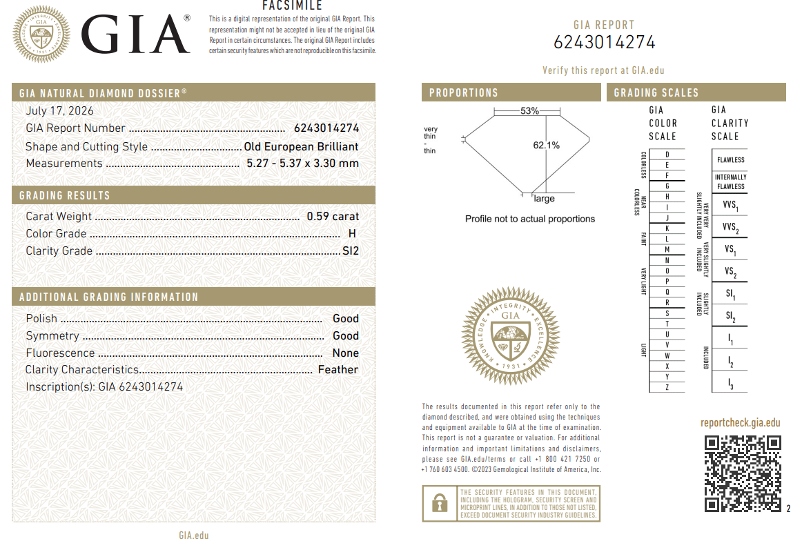 0.59 Ct Old European Cut Diamond Natural H-SI2 with GIA Certificate