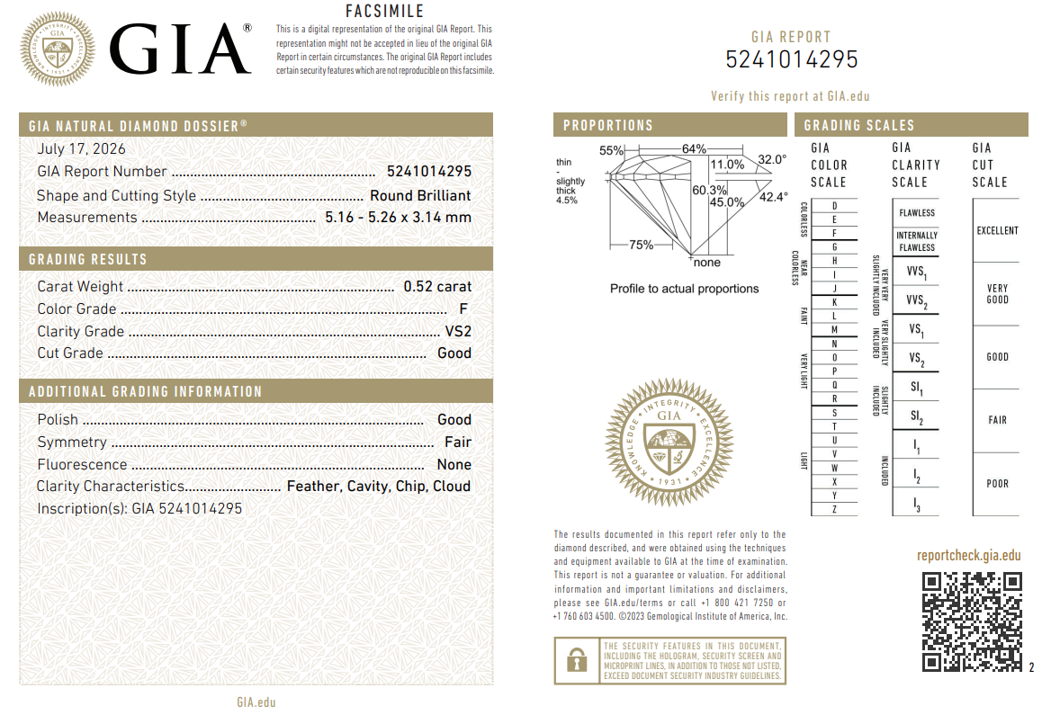 0.52 Carat Round Brilliant Diamond F-VS2 Loose Natural GIA Certified