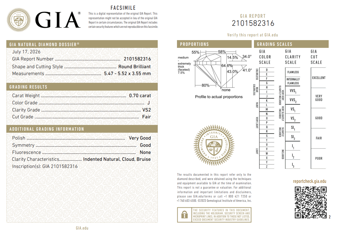 0.7 Carat Round Brilliant Diamond Loose J-VS2 with GIA Certificate