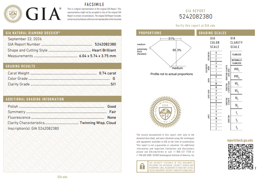 GIA Certified Artisan 0.74 Carat Heart Shape Diamond Natural G-SI1