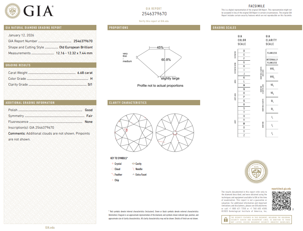 GIA Certified 6.68 Carat Old European Cut Diamond H-SI1 Natural Fine