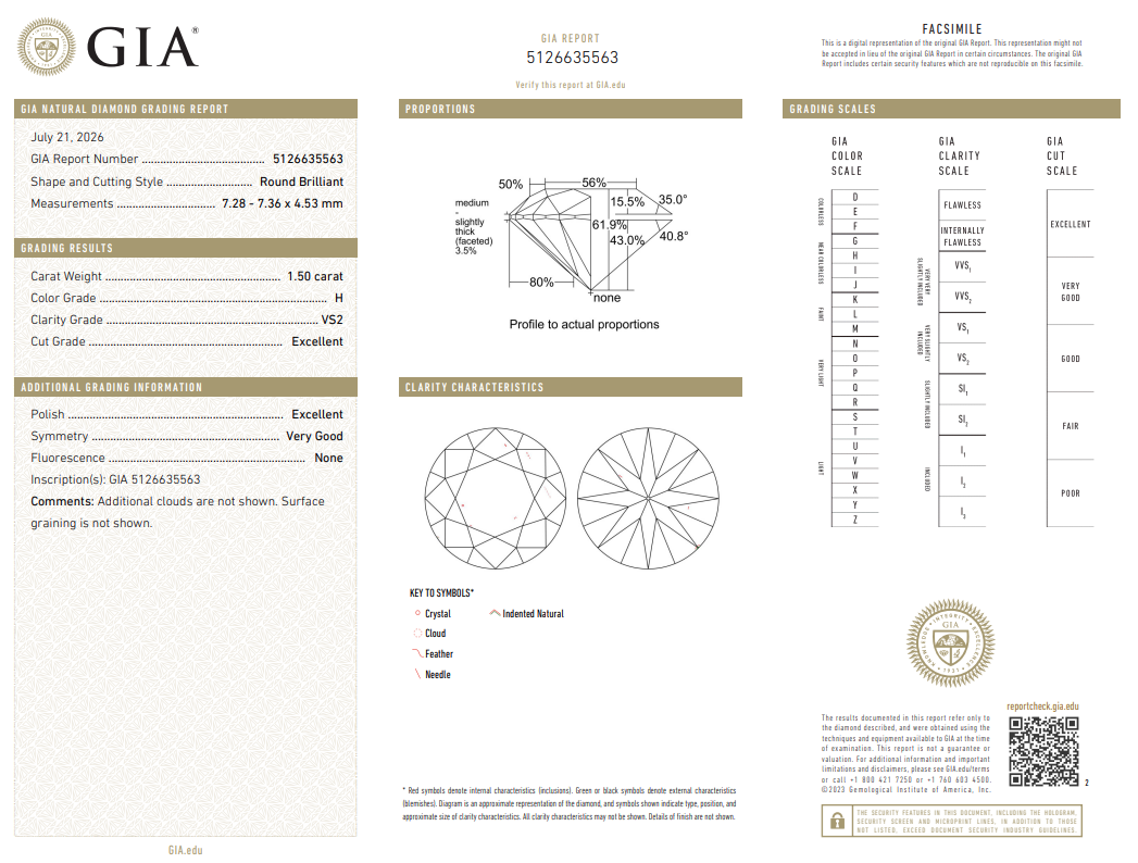 1.5 Ct Round Brilliant Diamond GIA Certified H-VS2 Natural