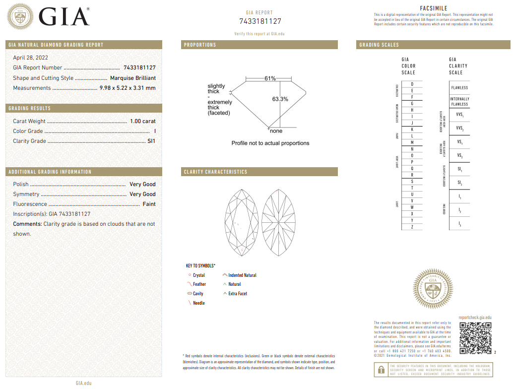 Natural Loose 1 Ct Marquis Shape Diamond GIA Certified I-SI1