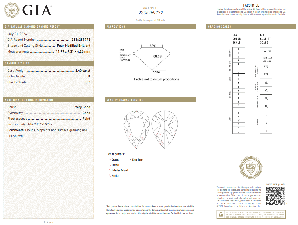 2.4 Carat Pear Shape Diamond K-SI2 Natural GIA Loose