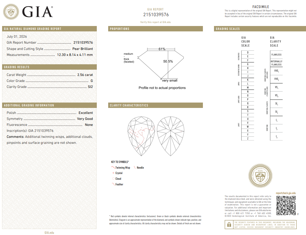GIA Certified Natural Loose 2.56 Ct Pear Shape Diamond G-SI2