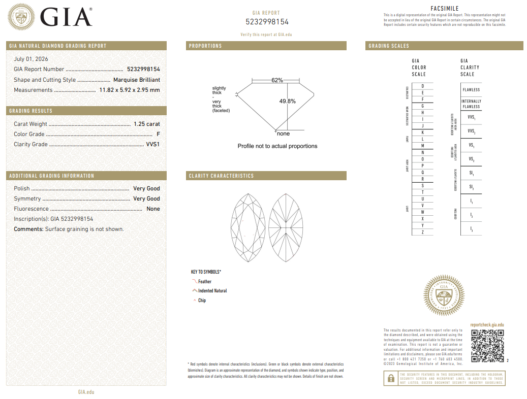 1.25 Carat Marquis Shape Diamond F-VVS1 Loose Natural GIA Certified