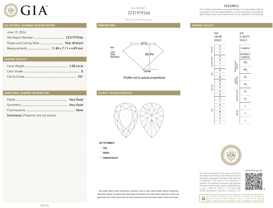 Natural 2.58 Ct Pear Shape Diamond D-VS1 with GIA Certificate