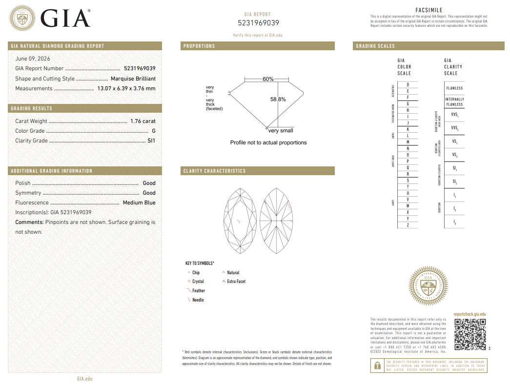 GIA Certified 1.76 Carat Marquis Shape Diamond G-SI1 Natural Loose