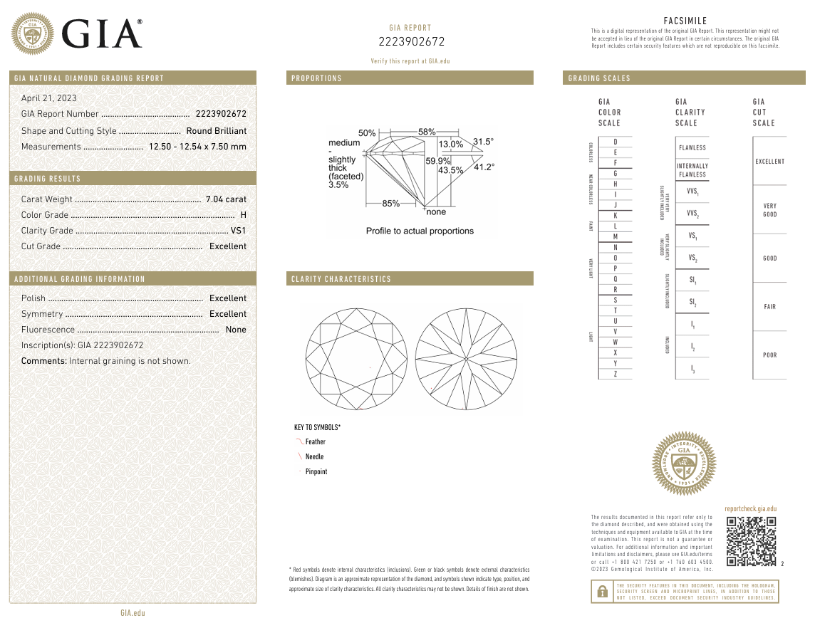 GIA Certified Loose Natural 7.04 Ct Round Brilliant Diamond H-VS1