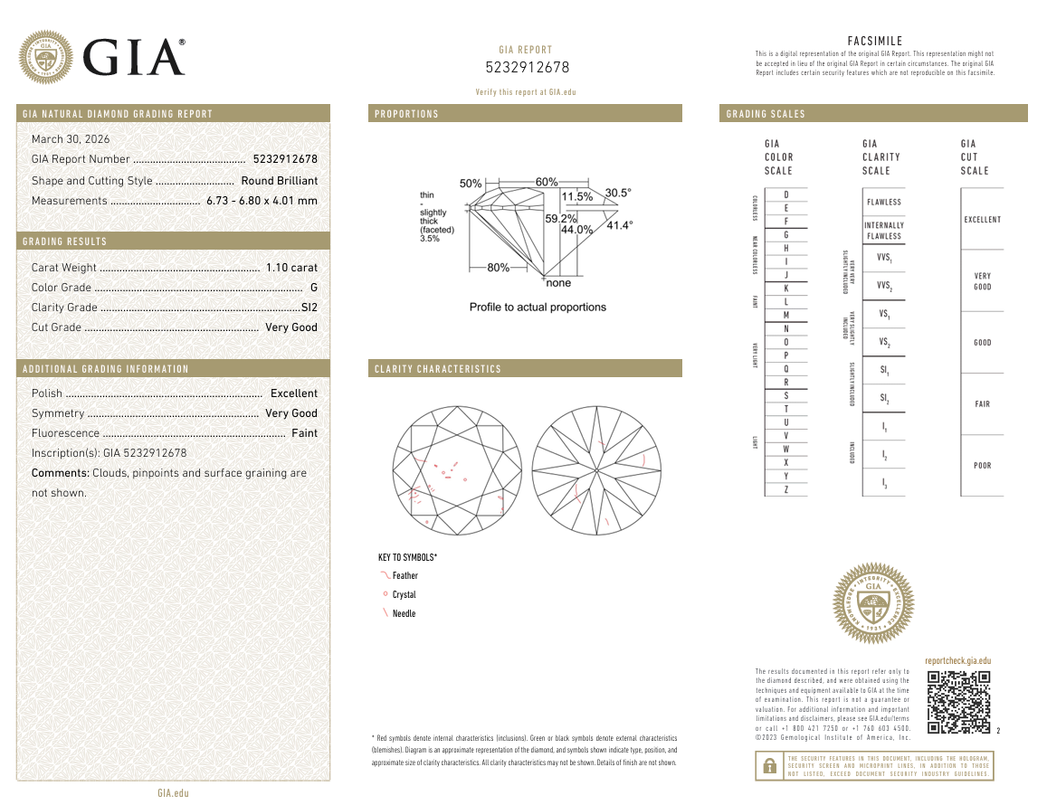 1.1 Ct Round Brilliant Diamond Natural G-SI2 with GIA Certificate