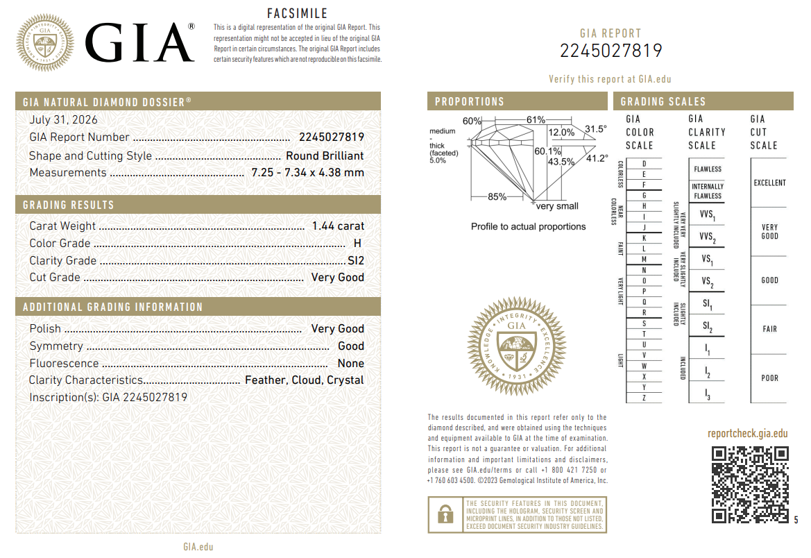 1.44 Ct Round Brilliant Diamond H-SI2 Natural Loose GIA